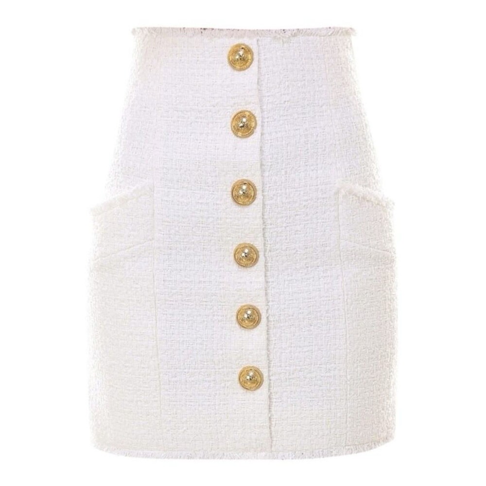 Balmain Skirt White Tweed Mini Gold Tone Buttons Zipper Back NWT 40